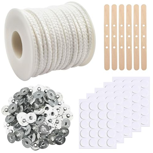 Eurtes Mecha de vela de 1600 cm, 75 hebras naturales para velas gruesas, mechas de algodón para velas con 100 bases de metal y pegatinas, para velas de comunión, velas perfumadas y lámparas de aceite