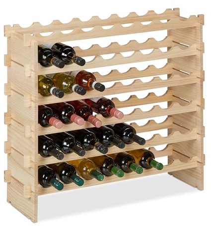 Relaxdays Weinregal, für 48 Weinflaschen, stapelbares Flaschenregal, HxBxT 73 x 82 x 25 cm, erweiterbar, Holz, Natur
