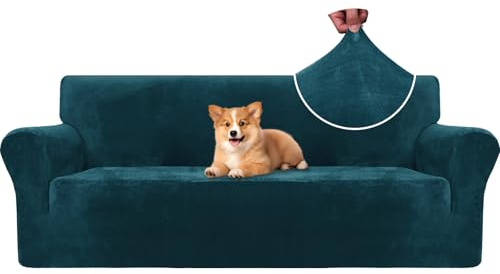 CYCMACO Samt Sofa Überzug 3 Sitzer, Sofabezug Elastische, Couch Überzug Haustier Katze Hunde, Universal Sofa Cover Moderne, Sofahusse Mit Armlehnen, Sofaschoner rutschfest, Dunkel Grün