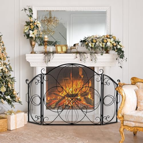 COSTWAY Parascintille per Camino 151 x 83 cm, Paraschizzi Pieghevole a 3 Ante con Motivo Floreale, Barriera Decorativa in Rete Metallica per Camino da Soggiorno