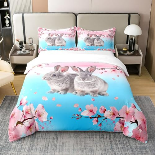 100% Bio-Baumwolle Nette Graue Kaninchen Tröster Abdeckung,Cheerry Blossom Bettbezug für Jungen Mädchen,Cartoon Kawaii Kaninchen Bettwäsche Set,Schöne Oster Dschungel Tier Bett Set,Rosa Blau 200x200