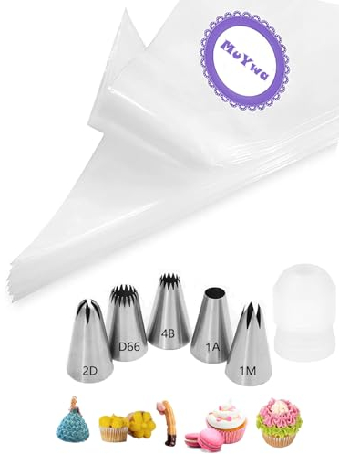 1M 2D 1A 4B D66 Piping Nozzles and Bags with Coupler,5 Large Piping Tips Set for Rose,Macarons,Churros,Eclairs,20 Disposable Piping Bags for Frosting,1 Large Coupler