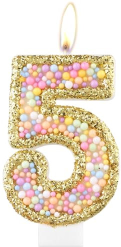 Macaron 5th Birthday Candles,Gold Number 5 Candle for Cake, Color Pearl Candles, Macaron Themed Birthday Decorations, Sparkler Birthday Candle Cake Topper for Girls Boys Birthday Party Supplies