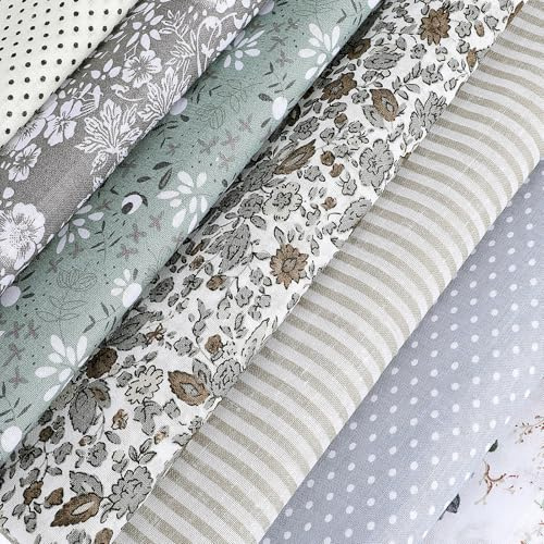 Quilting Fabric Bundles, 7 PCS 20 X 20 Inches Fat Quarters Vintage Fabric Bundles Cotton Squares Patchwork Precut Squares Sheets, Printed Craft Fabric for DIY Handmade Crafting Sewing (Grey)