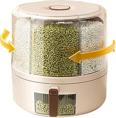 TimoBifu 6 Grid Rotating Food Dispenser, 360° Rotating Cereal Dispenser, Airtight Rice Storage Bucket, Dry Food Storage Containers, Transparent Durabled Plasti Grain Dispenser(Large)