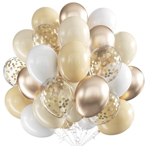 Luftballons Champagner Gold Weißsand, 60 Stück 12 Zoll Sand Weiß Latex Luftballons Metallic Gold Luftballon mit Konfetti Party Ballons, Party Luftballon für Geburtstag Hochzeit Jahrestag Deko