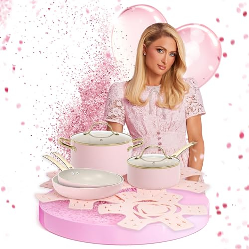 FACKELMANN Paris Hilton, set di pentole da 10 pezzi, rivestimento antiaderente in alluminio e ceramica, adatto a induzione, lavabile in lavastoviglie, colore: rosa/crema/oro