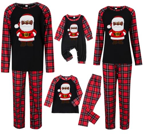 Christmas Pjs Family Set Couple Matching Pyjamas Plus Size Xmas Pajamas Sets Black Santa Claus Print Tops and Pants Sleepwear Nightwear Holiday Party Pjs Sets Festive Black L