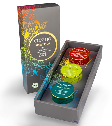 Creano Set Regalo Tè Biologico alle Erbe HERBAL MIX – 3 Miscele Diverse in Barattoli di Metallo 61g – Vegano, Senza Glutine – Novità 2024