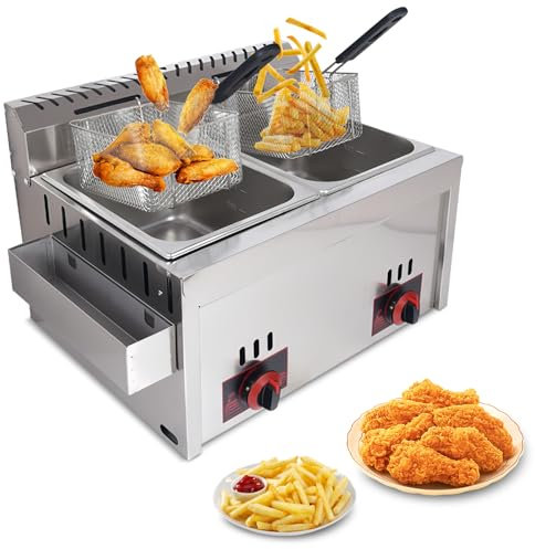 Friteuse à Gaz Commerciale Professionnelle – Friteuse LPG en Acier Inoxydable –20 L Friteuse Grande Capacité un usage Commerciales en Restaurant Familial, Comprend 2 paniers frites des couvercles