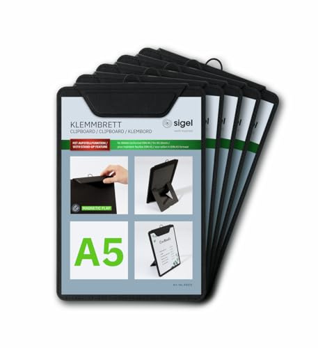 SIGEL Klemmbretter A5 schwarz mit Aufstellfunktion 5er Pack | KB101/5, stabiles, stylisches Clipboard mit edler Leinenstruktur, strapazierfähig und leicht abwischbar, für Speisekarten