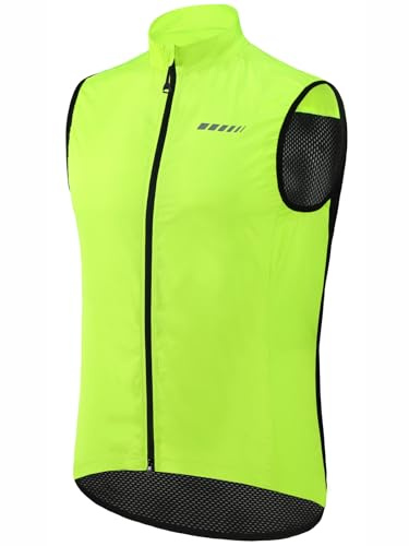 qualidyne Winddichte Fahrradweste für Herren, leicht, durchgehender Reißverschluss, ärmellos, mit Taschen für Radfahren, Laufen, gelb, XL