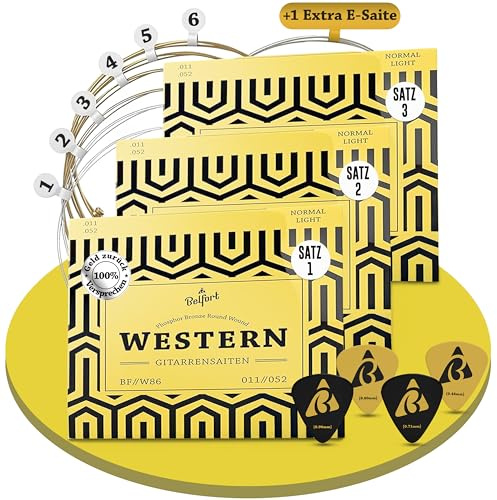 BELFORT® Guitar Strings for Western Guitar, Premium Phosphor Bronze (3 x 6 String Set) Western Guitar & Acoustic Guitar Bonus 4 Plectrums + Extra High Acoustic Electric String (Guitar Strings Acoustic