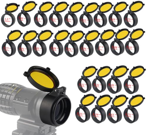 Schutzkappe für Zielfernrohr, 30–69 mm durchscheinende Schutzhülle für optische Linsen, Zielfernrohrabdeckung, Okularschutz für Airsoft-Gewehrkaliber, hochklappbare Schutzkappe mit Schnellfeder, gelbe