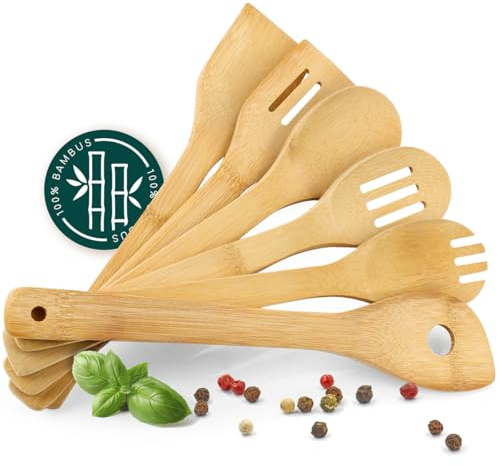 smartday Kochlöffel Set 6-teilig aus Bambus I Robust & langlebig I Holzlöffel Kochlöffel Holz & Pfannenwender Holz - Kochbesteck Set