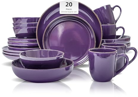 20-Piece Dinnerware Set, Nordic Ceramic Plates and Bowls Sets for 4, Raised Rim Tableware Collection, Shiny Purple Speckled Serveware for Daily Use, Microwave & Dishwasher Safe