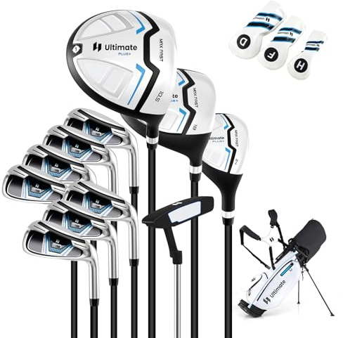 COSTWAY Ensemble Club de Golf Portable pour Hommes, Set Complet de Sac Trépied avec Driver 460CC #1, Bois #3 Hybride Fers #5#6#7#8#9#P #S Putter, Couvre-Chefs pour Droitier (Blanc)