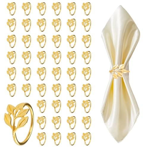 X-BLTU 50 Pcs Napkin Rings, Gold Leaf Napkin Ring Holders for Table Decoration, Metal Napkins Rings Buckles for Wedding Birthday Dinner Party Banquet Thanksgiving Christmas