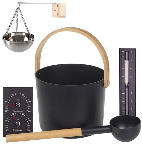 Juego de cubos de sauna de aluminio de 7 l con reloj de arena, cuenco para sauna, paleta de sauna, térmica e higrómetro, set de accesorios para sauna, juego de cubo de infusión para baño y bañera de