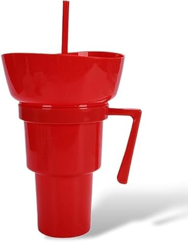 Snack and Drink Cup Combo on Top, Food Combo Drink Bowl Cup, Tumbler Cups with Bowl 2-in-1 Travel Coffee Mug Proof Leakproof Portable DrinkCup for Journey, Cinema & Home (red)