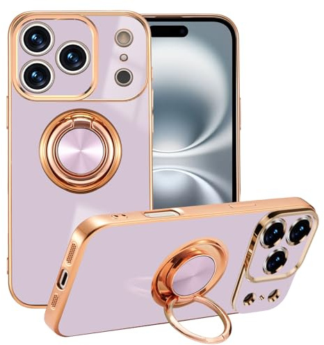 EYZUTAK Electroplated Magnetic Ring Holder Case for iPhone 17 Pro Max, 360 Degree Rotation Metal Anti-fall Finger Ring Kickstand Magnet Car Holder Slim Soft Silicone Shockproof Cover - Light Purple