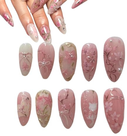 Xanthelle Press on Nails, 24 pièces Pink Flower Medium Almond Faux ongles avec design strass et perles, Ongles artificiels à coller, Set réutilisable