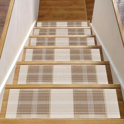 15 PCS Stair Treads for Wooden Steps Outdoor Plaid Pattern, 8 X 30 Stairs Carpet Treads, Safety Non Slip Staircase Runner Carpet for Kids Elders and Pets