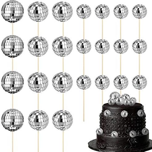 GSrenyu 24pcs Disco Ball Cake Toppers,1970s Disco Ball Cake Decorations | Cupcake Toppers Cake Picks for Birthday Disco Theme 70s Party Supplies