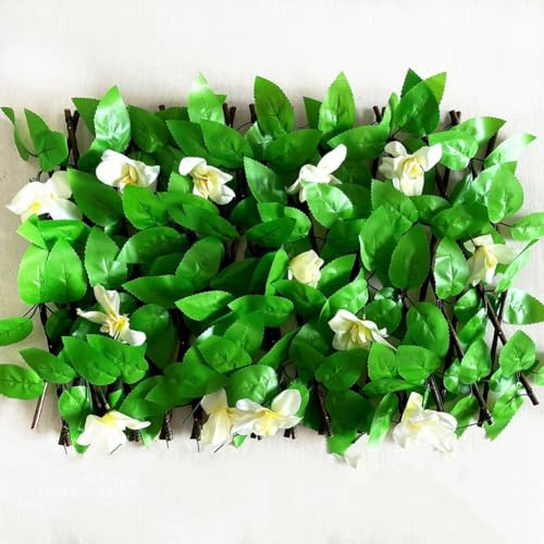 Gettimore Panel de valla de hiedra artificial con flores blancas, pantalla de privacidad expandible para jardín, balcón, patio y decoración al aire libre, 40 cm de altura, 20-200 cm de ancho