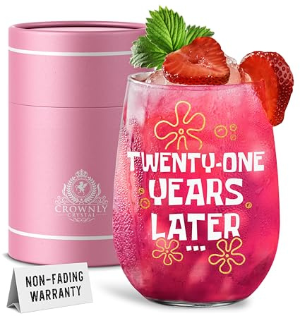 CROWNLY CRYSTAL 21st Birthday Glass Gift for Women Funny Twenty-One Years Later Cocktail Drinking Glass Present for Her