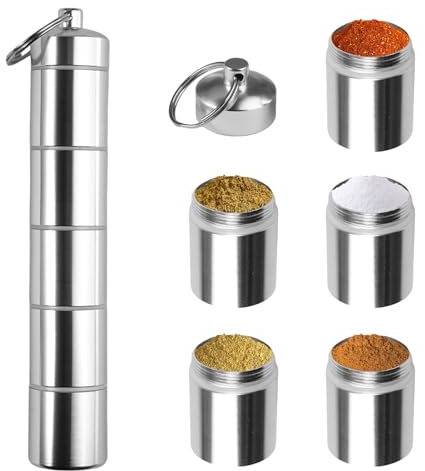 5 in 1 Gewürzstreuer Camping, Mini Gewürzgläser Set, Tragbare Gewürzdosen Camping, 5 Teilbaren Fächer Pillendose, Aluminium Spice Jars für Reisen Zuhause, Outdoor Picknick, BBQ, Küche Kochen