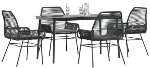 Owoxanthellate 5tlg. Poly-Rattan Garten-Essgruppe Schwarz mit 140x70 cm Glas-Tisch 110 kg Belastbarkeit Sitzkissen Dark Grey UV-beständig für Balkon Terrasse Küche Garten