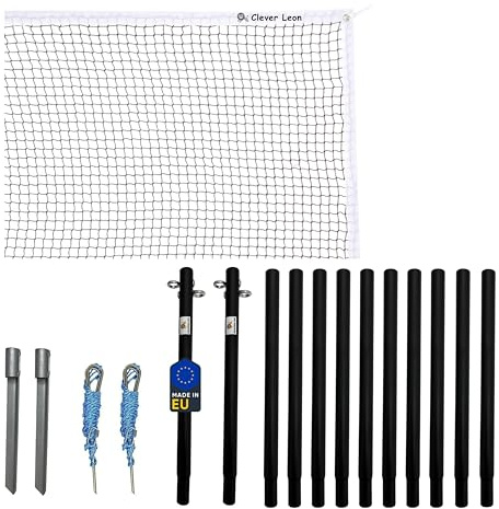 Clever Leon Kit da Rete da Badminton - Tennis - Pallavolo da Spiaggia - 6,5 x 0,75 m - 12 Paletti in Acciaio - Kit di Fissaggio - Nero