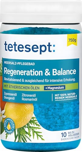 tetesept Meersalz-Pflegebad Tiefen-Entspannung – 100% Natur-Meersalz mit ätherischen Ölen (Lavendel, Melisse, Orangen) – 750 g Badezusatz für Entspannung & innere Ruhe
