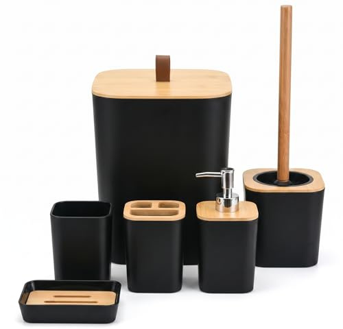 6 teilig Badezimmer Zubehör Set Modern - Badezimmerset Bambus Luxuriösem Kunststoff - Badezimmer Set mit Seifenspender Zahnputzbecher Becher WC Bürste Seifenschale Mülleimer (Schwarz)