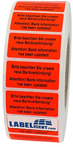 Warnetiketten 50,8 x 25,4 mm - Paket Aufkleber Bitte beachten Sie unsere neue Bankverbindung! - 1.000 Versandaufkleber auf 1 Rolle(n), Papier selbstklebend