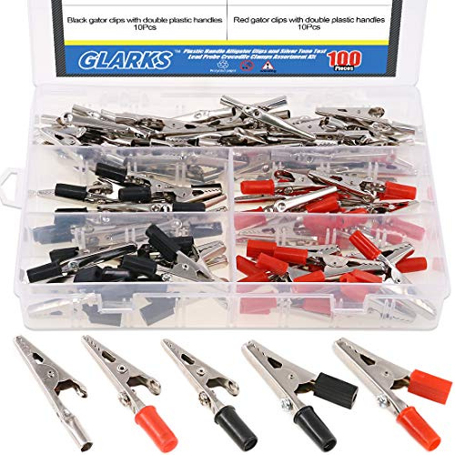 Glarks Lot de 100 pinces crocodiles en métal 3 styles 53 mm pour test de laboratoire, 50 pièces avec aiguilles en plastique rouge et noir et 50 pièces sans capuchon