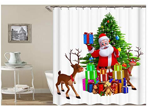 KnSam Duschvorhang Anti-Schimmel Wasserdicht Vorhänge an Badewanne Bad Vorhang für Badezimmer Weihnachtsmann Weihnachtsbaum Hirsch Geschenke 100% PEVA inkl. 12 Duschvorhangringen 165 x 180 cm
