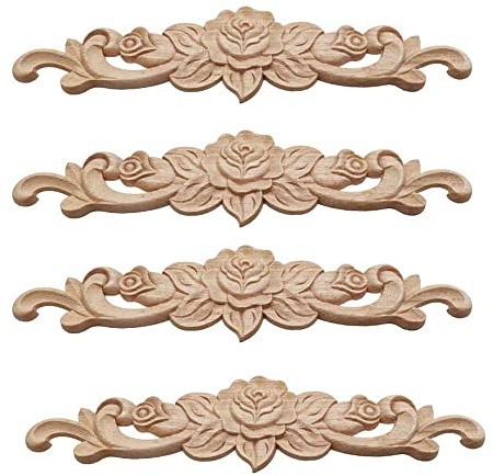 Amasawa 4-teiliges Set mit Holzrahmen, geschnitzt, Rosa, Holz, geschnitzt, Applikation, Blume, Holz, geschnitzt, für Tür, Möbel, Wandschrank, Hausdekor