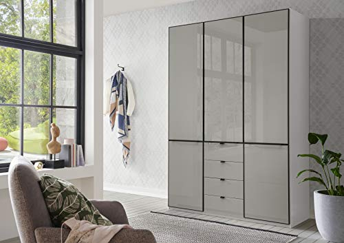 WIEMANN Montreal Kleiderschrank, Schlafzimmerschrank, Drehtürenschrank, mit Schubladen, Breite 150 cm, 3 türig, weiß, Glas Kieselgrau, Griffe schwarz, B/H/T 150x216x58 cm