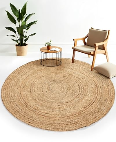 carpetfine Juteteppich Nele Beige handgewebt aus Jute Ø 200 cm | Naturfaserteppich Rund im Boho Style für Wohnzimmer, Küche und im Flur