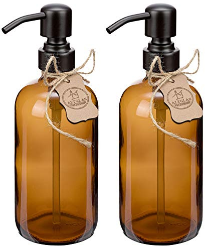 ALTGLAS Glas Seifenspender 'Sarajevo' mit 304 Edelstahl Pumpkopf (500ml) | Schwarz / Braun Glas • 2x 500ml • Edelstahl Pumpkopf • Nachfüllbar • mit 8 Klebe-Etiketten • Plastikfreie Verpackung