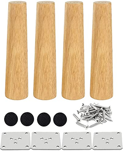 Drenky 4 Stück Tischbeine Holz, 25 cm Rund Möbelfüße Holz Schrankfüsse aus Massivholz Mit Montageplattes, Schraubens Und Leise Gummipads für Sessel, Nachttische, Schränke, Kommoden
