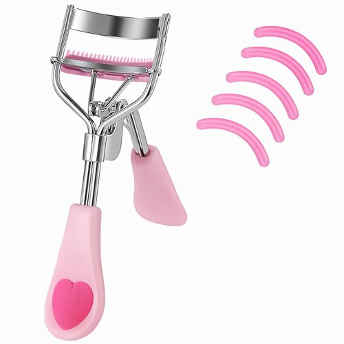 Stainless Steel Eyelash Curler with Built-in Comb Pinch Pain-Free Suitable for Any Eye Shapes and Sizes, with 5 Silicone Refill Pads (Light Pink)