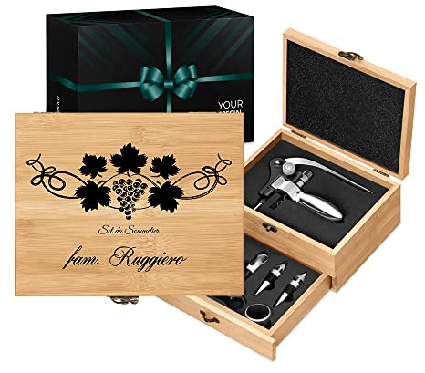 Maverton Accessori da Vino La Dedica, Kit Cavatappi da Vino Personalizzato | Scatola in legno di bambù + 8 pezzi di Accessori Vino, idee regalo per anniversario, Grappolo
