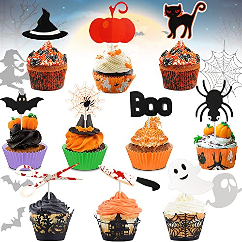 Halloween Cupcake Toppers 40 Stück, Muffin Deko | Halloween Kuchendekoration Muster+ Kunststoffstange+Klebepunkt, Kürbis kuchendeko, für Cupcake Dekorationen