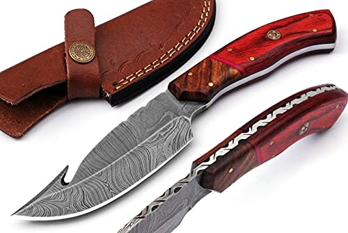 MOHID ENT Damascus Steel Hunting Knife - Fixed Blade Deer Knives - Best Gut Hook Skinning Knife With Leather Sheath Belt Loop
