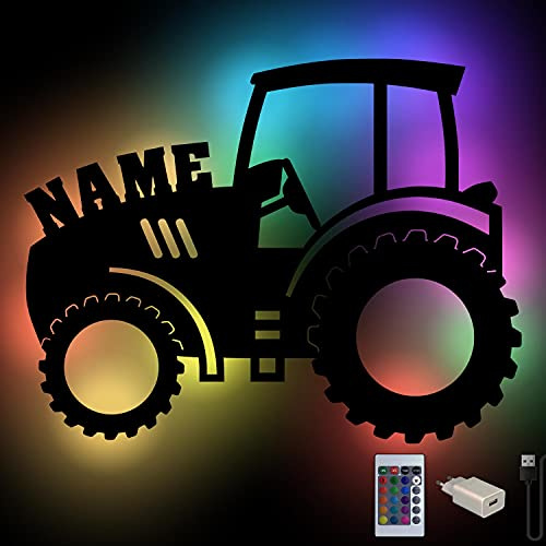 Namofactur Traktor-Wandlampe aus Holz mit Farbwechsel-Licht | Mit USB-Anschluss, Fernbedienung und Netzteil; in verschiedenen Farben wählbar – Deko für Wohn-, Jugend- oder Kinderzimmer