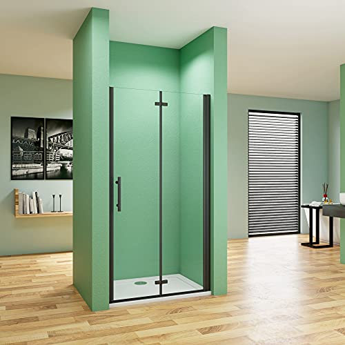 70X190cm Mampara de Ducha Puerta Plegable Perfil Aluminio Negro Cristal de 5mm ANTICAL Templado