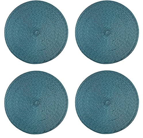Tischset 4er Set rund 35 cm Petrol Platzset geflochtene Optik Untersetzer abwaschbar Platzdeckchen Tischuntersetzer wasserabweisend pflegeleicht Esszimmer